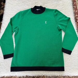 Yves Saint Laurent YSL Crystals Logo Green Wool Knit Sweater w/ Black Trim M